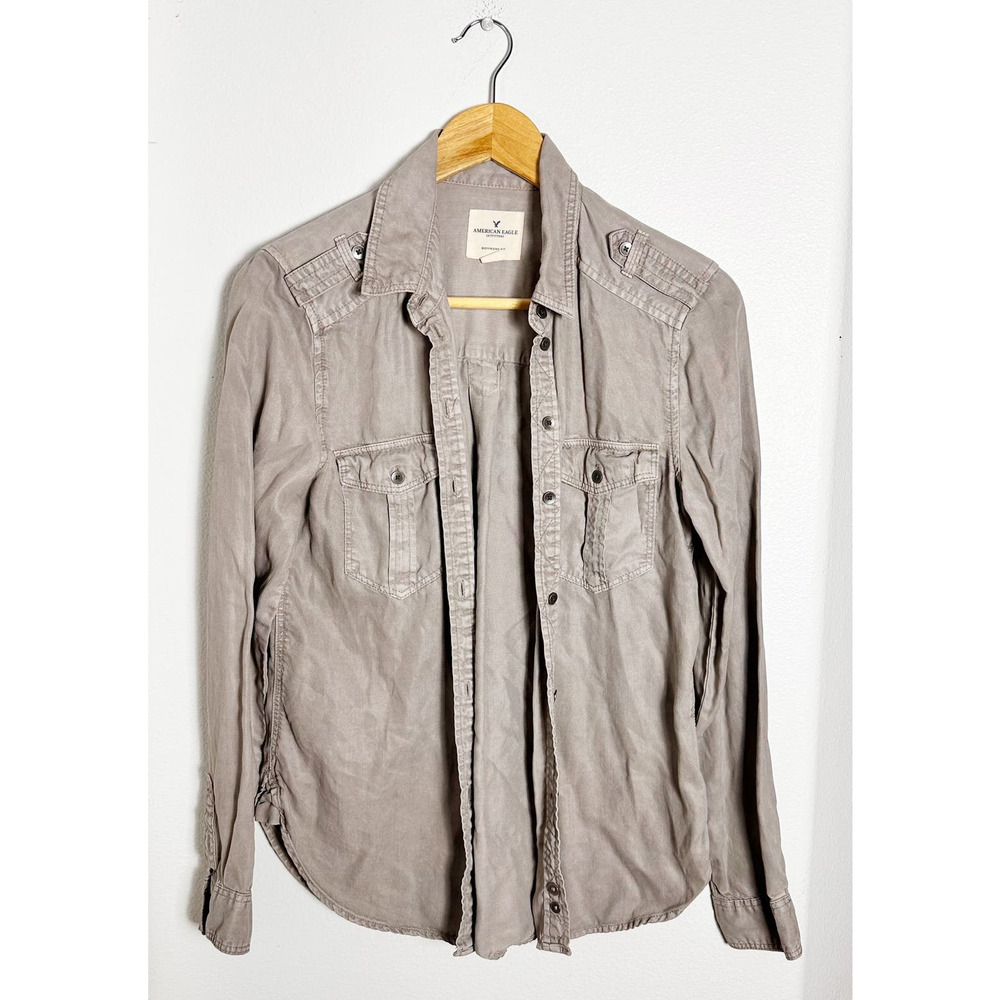 American Eagle Boyfriend Fit Women's Gray Tan Button Down Shirt sz XS